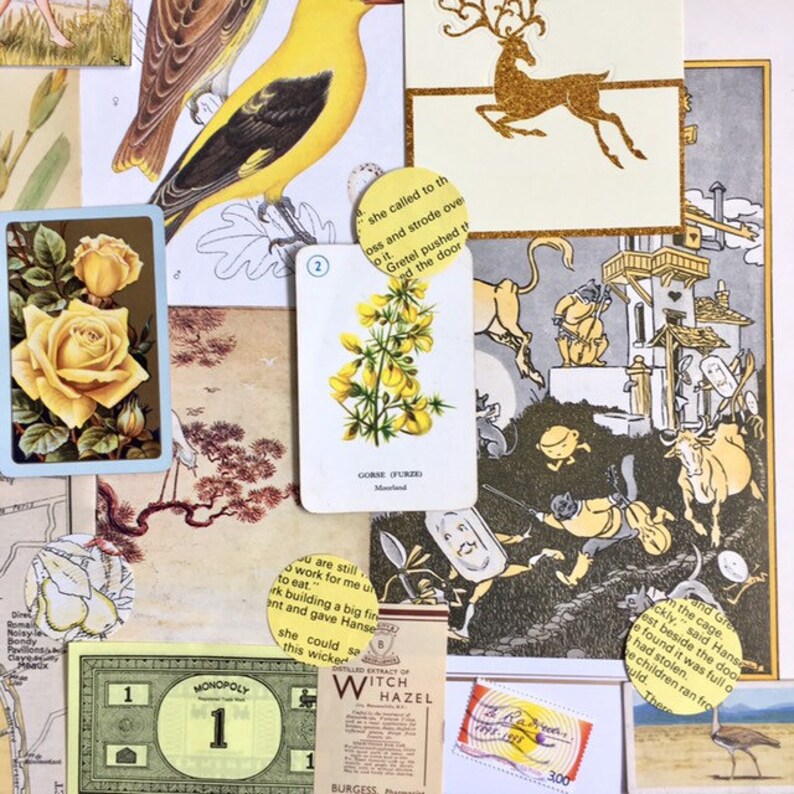 May include: A collage of vintage paper ephemera with a yellow bird, a yellow flower, a deer, a Monopoly game piece, and a bottle of witch hazel. The collage is on a white background.