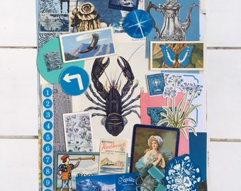 May include: A collage of vintage ephemera in shades of blue, featuring a dark blue lobster illustration, stamps, and a silver teapot. Other elements include a turn sign, a drawing of a person, and the text "BRYMAY Redheads".