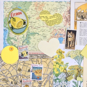 May include: A collage of images featuring a map of Africa, a yellow heart with white polka dots, a yellow lemon, a yellow sticker with the word "Citron", a yellow sticker with the text "BRYMAY Redheads Safety Matches", a yellow stamp with the text "Paul Signac 0.75&euro;", a yellow flower, and a yellow paperclip.