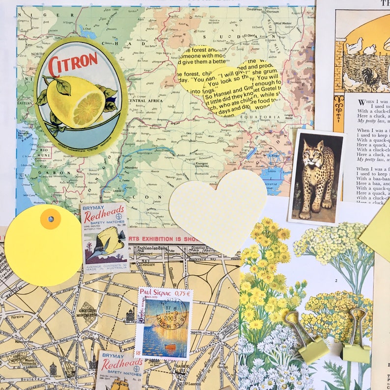May include: A collage of images featuring a map of Africa, a yellow heart with white polka dots, a yellow lemon, a yellow sticker with the word "Citron", a yellow sticker with the text "BRYMAY Redheads Safety Matches", a yellow stamp with the text "Paul Signac 0.75&euro;", a yellow flower, and a yellow paperclip.