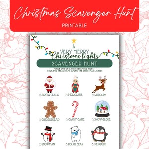 May include: A printable Christmas scavenger hunt game with a green background and a list of Christmas characters to find, including Santa Claus, Mrs. Claus, Rudolph, gingerbread, candy cane, snow globe, snowman, polar bear, and penguin.