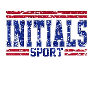 Op de afbeelding: Een verweerde blauwe en grijze afbeelding met de tekst "INITIALS SPORT" in een vet lettertype. De tekst wordt omringd door drie rode en witte strepen.