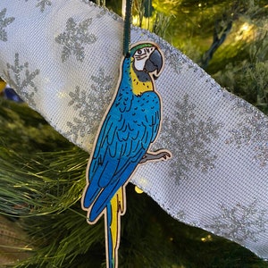 May include: A blue and yellow macaw bird ornament hanging on a Christmas tree. The ornament is made of wood and has a detailed painting of the bird.