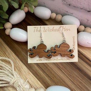 Wooden Octopus Earrings - Octopus Earrings - Ocean Earrings - Octopus - Mahogany Wooden