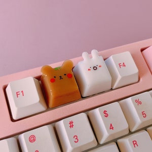 JuniKey Caramel Bear and Creamer Bunny Artisan Keycaps | Kawaii Keycap | Cute Keycap