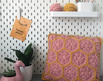 Seren Cushion Crochet Pattern by Hello Moon Crochet Crochet Hexagon Cushion aran weight yarn UK terms PDF pattern