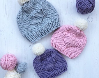 Candy Heart Hat Knitting Pattern Chunky Knit Beginners Knitting Pattern Deisgned by Hello Moon Crochet