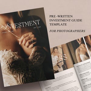 Könnte beinhalten: Eine vorgefertigte Investitionsleitfaden-Vorlage für Fotografen. Das Cover zeigt eine Braut in einem weißen Kleid mit einer Halskette und einem Ring am Finger. Der Text auf dem Cover lautet "Investment" und "Für Fotografen".