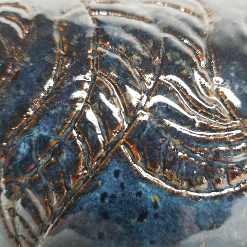 10 Dark Blue hand carved hand made stoneware ceramic bowl with gold glazed center carved leaves organic shape one of a kind original piece