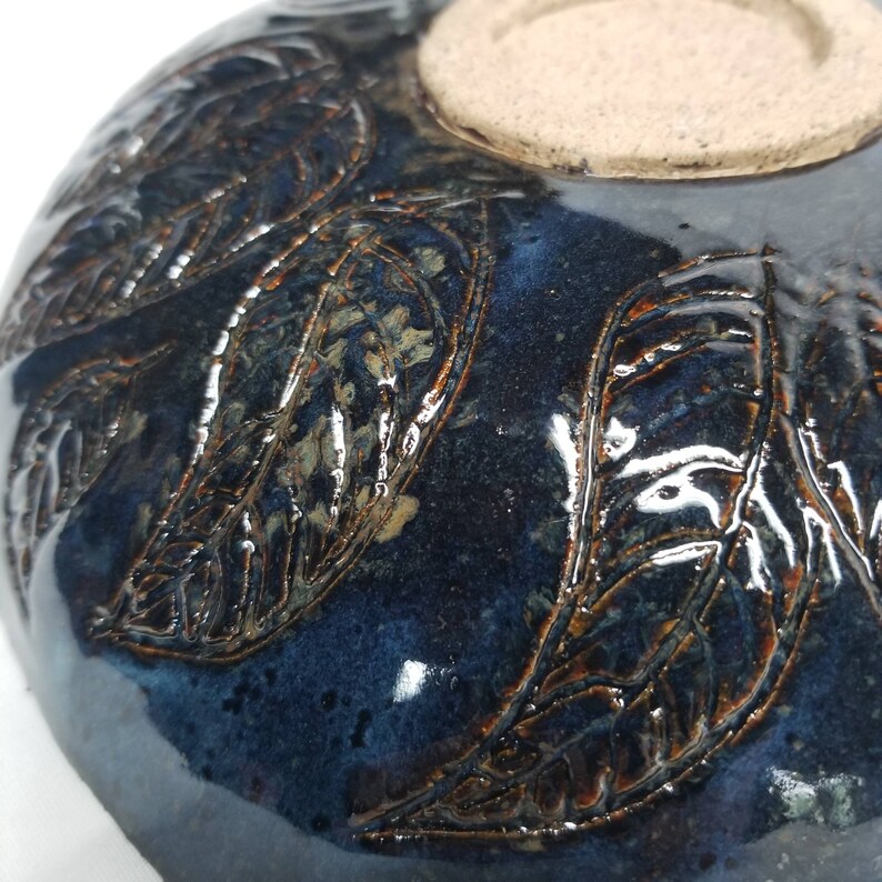 10 Dark Blue hand carved hand made stoneware ceramic bowl with gold glazed center carved leaves organic shape one of a kind original piece