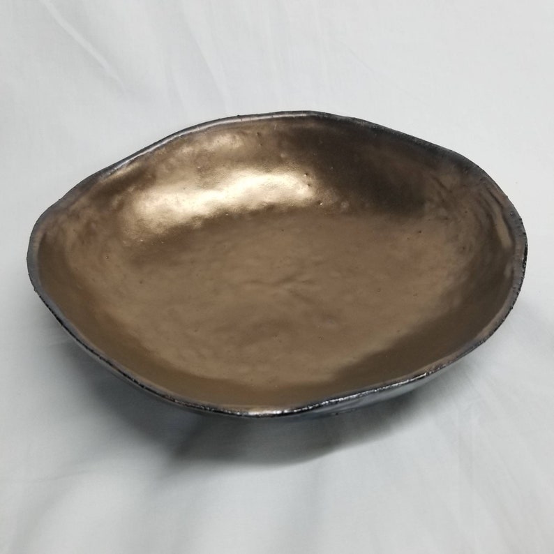 10 Dark Blue hand carved hand made stoneware ceramic bowl with gold glazed center carved leaves organic shape one of a kind original piece