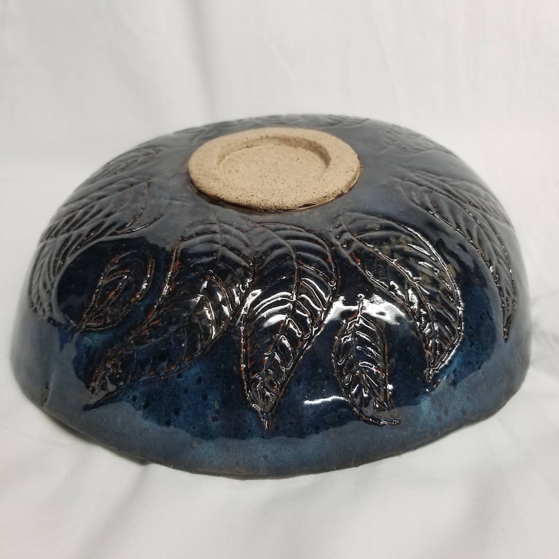 10 Dark Blue hand carved hand made stoneware ceramic bowl with gold glazed center carved leaves organic shape one of a kind original piece