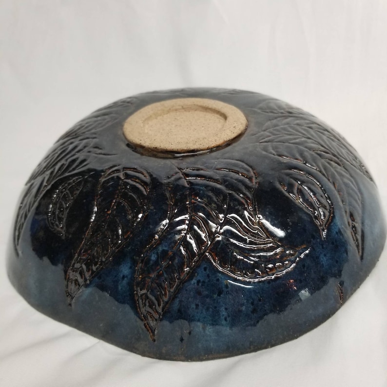 10 Dark Blue hand carved hand made stoneware ceramic bowl with gold glazed center carved leaves organic shape one of a kind original piece