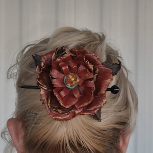 Brown Flower Hair Tie, Leather Craft, Leather, Handmade, Serious, Stability, Mother&#39;s day, 3rd Anniversary, flowers, gift for woman