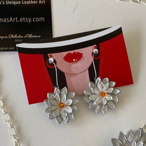 White Leather set Stylish Necklace Earrings Orange Beads Gift for friends Genuine Leather Mothers Day Leather Craft Gift for Woman Handmade,
