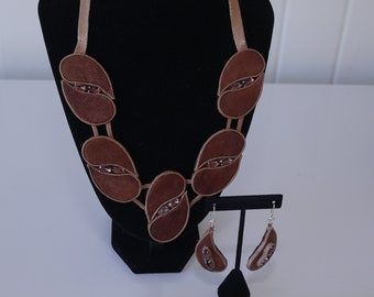 Brown  Leather Renaissance Necklace Earrings with Crystal Leather Craft Necklace, Handmade,3rd Anniversary, Gift for Woman, Mother's  Day