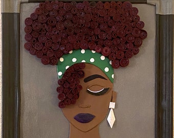 3DArt Modern Black Woman Purple Curly Hair Wall Decor Leather Art Handmade Mother's day 3rd Anniversary gift Art Birthday Unique Art
