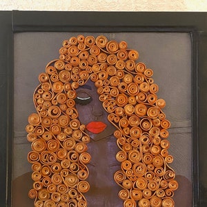 3DArtArt Moderne Schwarze Frau Orange Lockiges Haar Wand-Dekor-Leder-Kunst-Handgemachte Muttertag 3.Jahrestag Geschenk-Kunst-Geburtstag Einzigartige Kunst