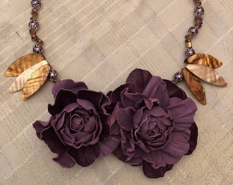 Purple Rose Necklace with Natural Pearl and Beads, leather Craft, Handmade, Mother's day, 3rd Anniversary, flowers, gift for woman