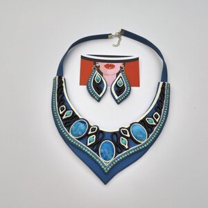 Blue Leather set Stylish Necklace earrings Lapis Lazuli  Gift for friends Genuine Leather Mother Day  woman gift Handmade stone gift for her