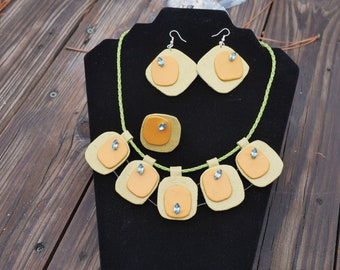 Yellow  Colors Leather Jewelry Set Necklace Earrings Ring Leather Craft Handmade Gift for Woman Crystal Green Gift for friends Holiday