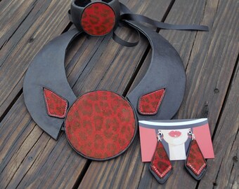 Genuine Leather Set Carmen Red Black Necklace  Bracelet  Earrings Leather Craft Jewelry, Handmade Gift for Woman Necklace style gift for her