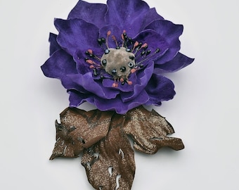 Lila Anemone Brosche aus echtem Leder Handwerk Handarbeit Muttertag 3. Jahrestag Blumen Geschenk für Frau Einzigartige Mode Geschenk für Freunde