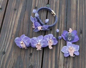 Orchid Set Orchid Hair Clip Bracelet Earrings Leather Craft Handmade Mother's day 3rd Anniversary flowers gift for woman