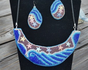 Sea Stars Jewelry Set, Sea Star, Beach, Ocean, Surf, Necklace, Earrings, Czech Glass Bead, Handmade, Art Deco, Gift for Women, Beach Jewelry