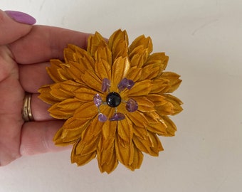 Yellow Flowers Brooches Genuine Leather Craft Beads Amethyst Handmade Gift for Woman Gift for friends Fashion Unique Accessories Stylish