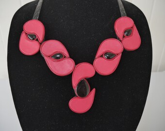 Red Black Stone Genuine Leather Necklace Earrings Art Deco Leather Onyx Stones Handmade Necklace Earrings Gift for woman Gift for Her