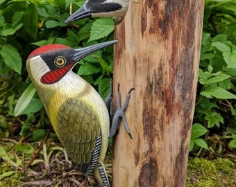 Green Woodpecker Wooden Greater Spotted with Baby Woodpecker Wall Hanging