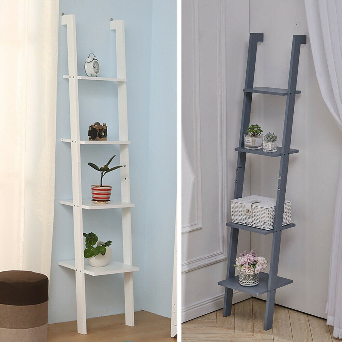 4 Tier Ladder Shelves Unit Wood Wall Leaning Shelf corner Etsy