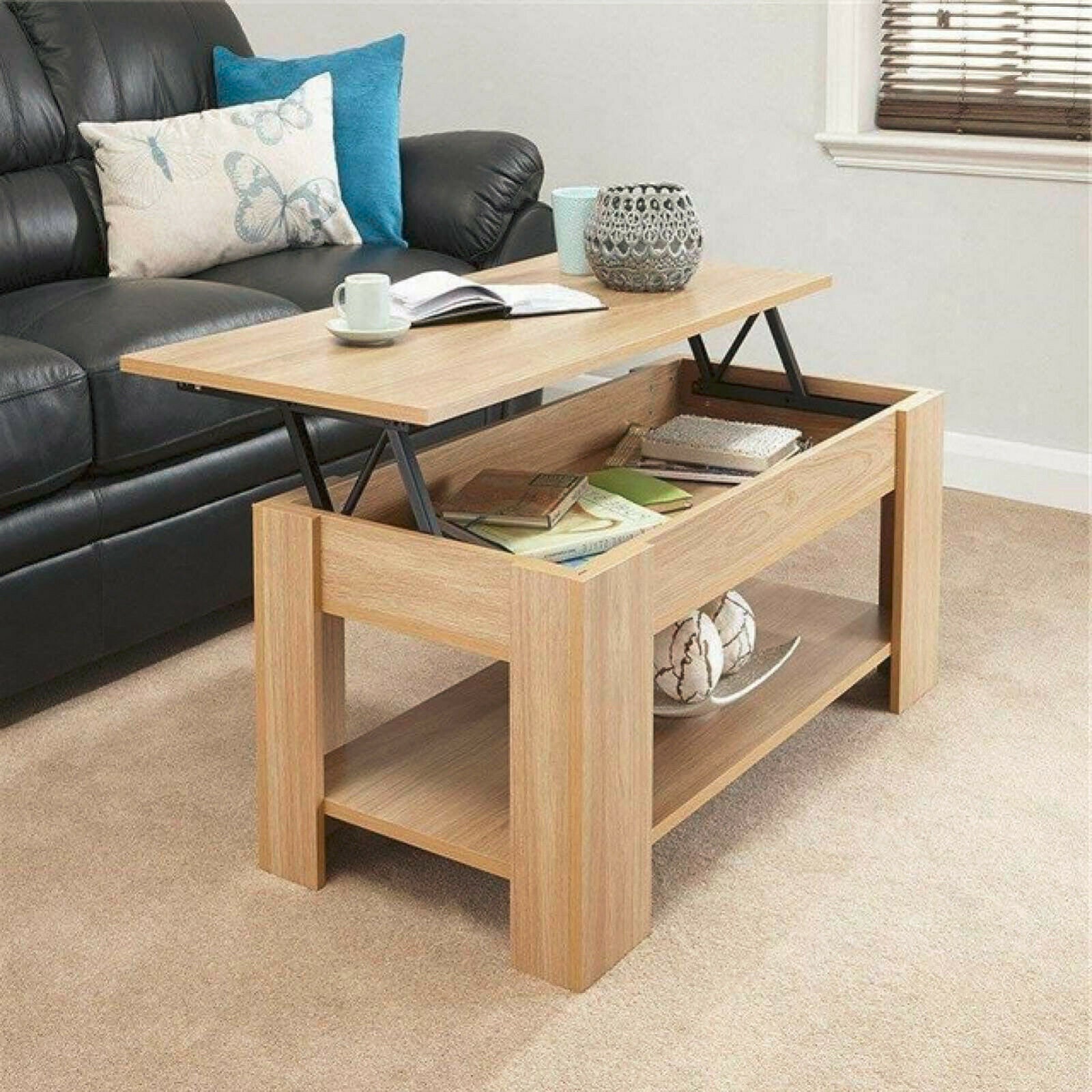 Wooden coffee table with storage lift top up drawer Desk Shelf Etsy