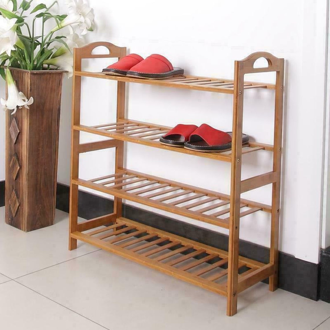 4 Tier Shoe Rack Natural Bamboo Wooden Organizer Shoe