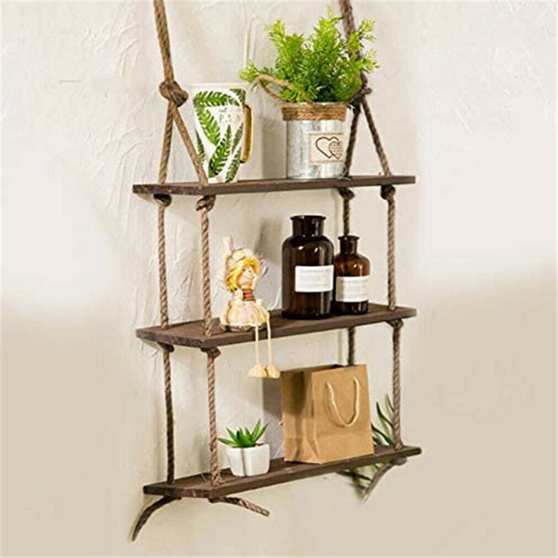 3 Tier Wooden Hanging Shelf With Rope Window Wall Plant Rope Etsy