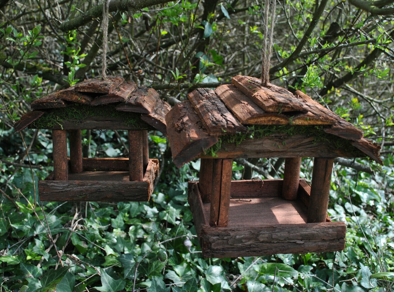 Set of 2 Wooden Hanging Bird Feeders Rustic Wild Seed Feeder Etsy