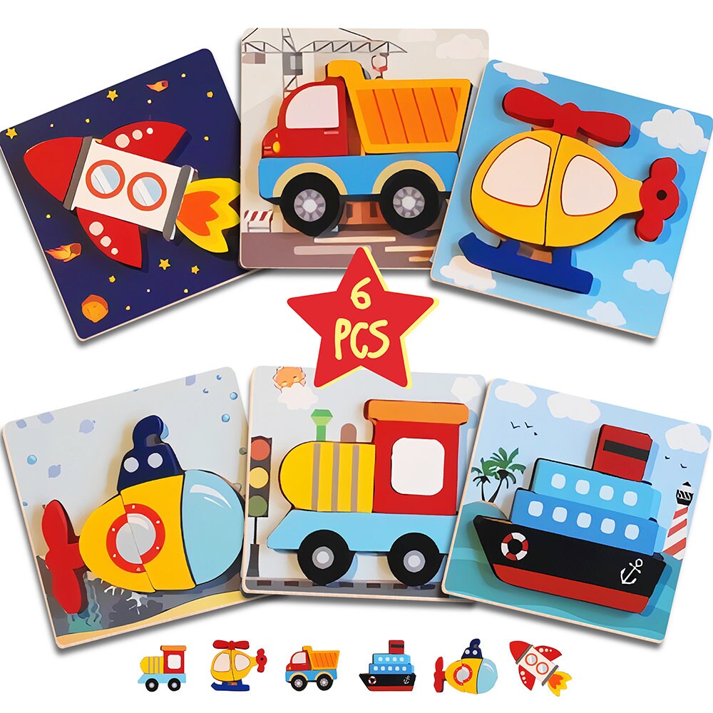 6 Pack Kid Wooden Funny Toys Wood Vehicle Puzzle Learning | Etsy