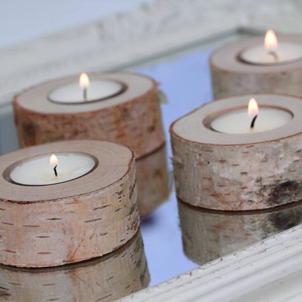 Set of 5 birch candle holders, log candle holders, tea light stand, rustic wedding decor,  wedding favors, chabby chic wedding decor.