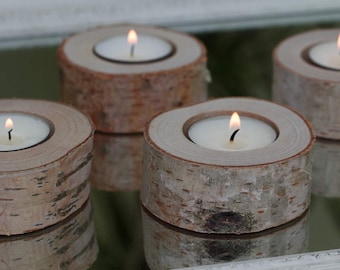 Set of 10 birch candle holders, log candle holders, tea light stand, rustic wedding decor,  wedding favors, chabby chic wedding decor.