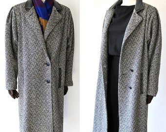 80's Grey Herringbone Tweed Coat with Leather Trim - Calf-Length Wool Coat