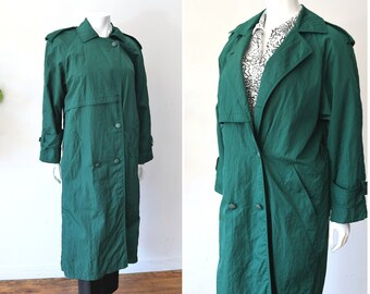 Vintage Green Trench Coat - Women's 80's Emerald Green Trench - Long/Maxi/ Duster Style Light Jacket - Lined - Double-Breasted