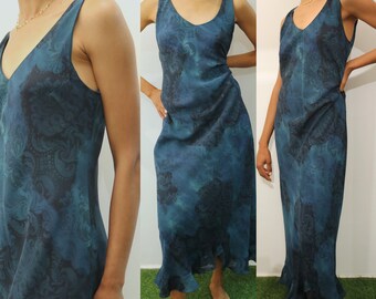 Vintage 90's Summer Maxi Dress - Baroque/Regal Print with Teal Blue Tones - Fitted Ankle-Length with Bottom Ruffle - Made in USA - Size "12"