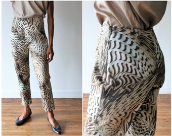 90's Cat Print / Animal Print mid-High Waist Pants - Slim/Fitted - Cropped, Tapered Leg- Made in Canada - 27" Waist