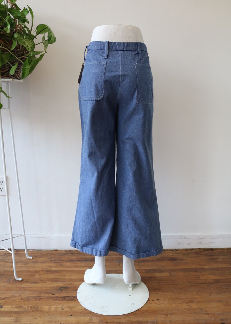 Vintage 70\u2019s Denim Wash Pants \u2013 MidHigh Waist \u2014 WideFlare Leg \u2013 Lightweight Trousers\u201430 Inch Waist