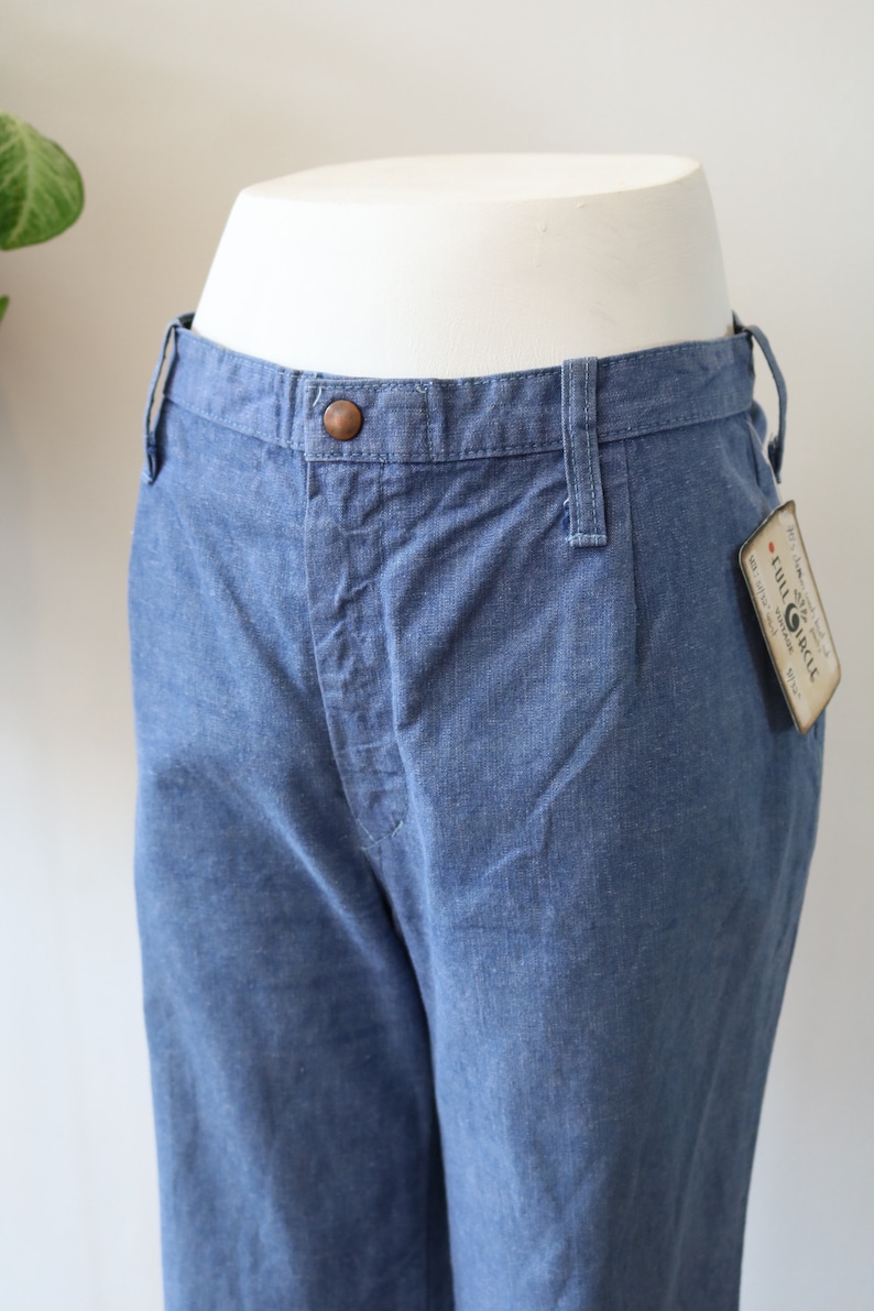 Vintage 70\u2019s Denim Wash Pants \u2013 MidHigh Waist \u2014 WideFlare Leg \u2013 Lightweight Trousers\u201430 Inch Waist