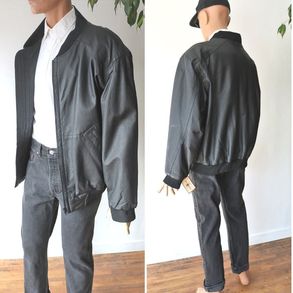 Vintage Leather Bomber Jacket - 80's Black Leather