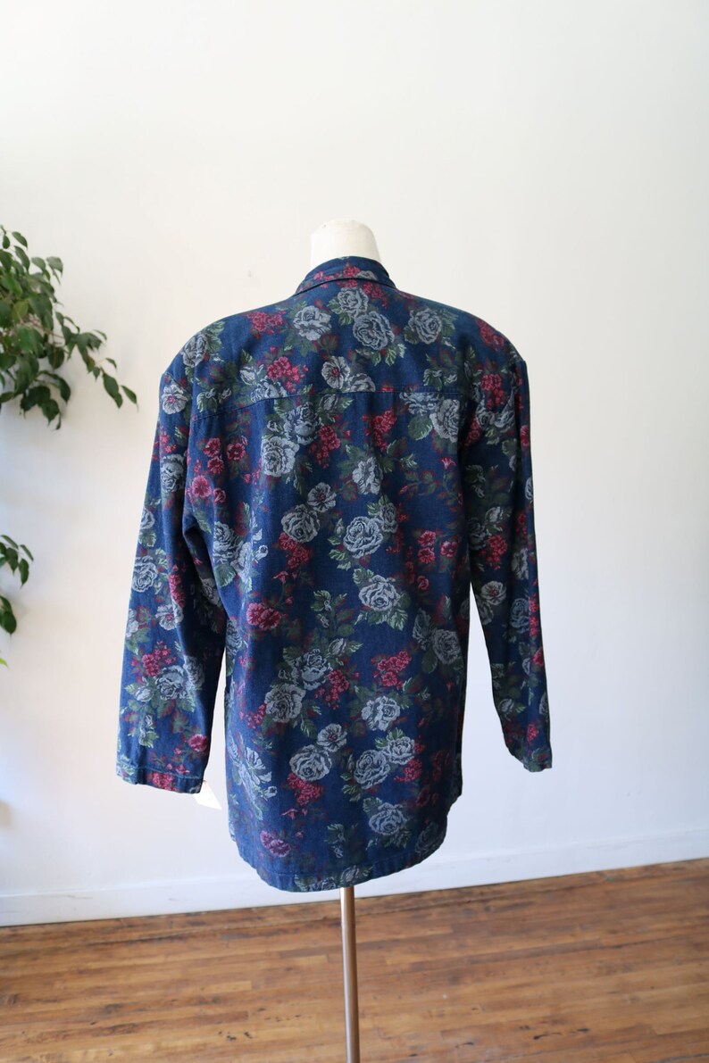 Vintage 80/'s Oversized Original Cherokee Made in USA Women/'s Denim Floral Blazer 100/% Cotton Shawl Collar Floral Print Denim