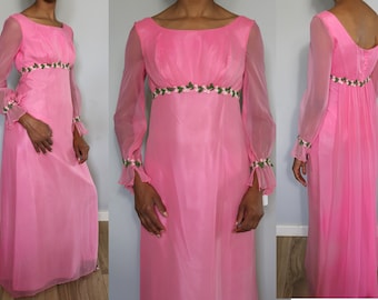 1960's-1970's Sweet Barbie Pink Empire Waist Maxi Dress - Floor Length - Handmade - Sheer Sleeves - Size Extra Small/Small