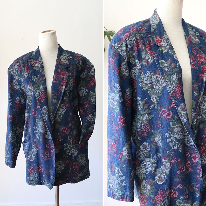 Vintage 80/'s Oversized Original Cherokee Made in USA Women/'s Denim Floral Blazer 100/% Cotton Shawl Collar Floral Print Denim